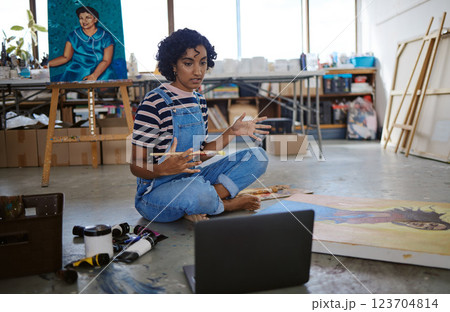 Art painting, laptop and woman on video call, streaming online tutorial video or teaching creative drawing class. E learning teacher, watercolor education and oil painter or artist in studio workshop Art painting, laptop and woman on video call, streaming online tutorial video or teaching creative drawing class. E learning teacher, watercolor education and oil painter or artist in studio workshop 123704814