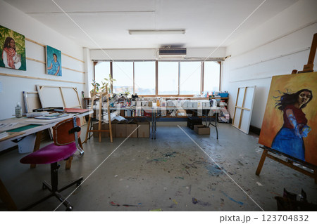 Interior, studio and workshop for art and design production for creative, small business or painting. Manufacturing, professional and service with art supplies and paint equipment warehouse room Interior, studio and workshop for art and design production for creative, small business or painting. Manufacturing, professional and service with art supplies and paint equipment warehouse room 123704832
