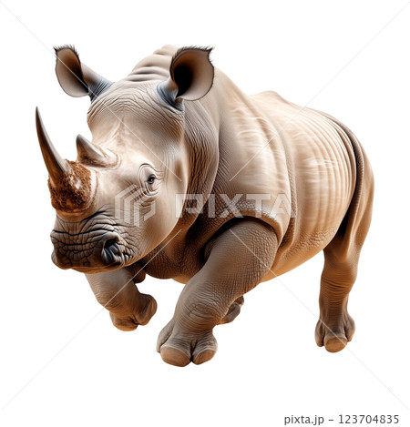 Realistic rhinoceros isolated on a transparent background. A powerful and muscular African rhino with thick wrinkled skin and large horn, standing in a side pose. 123704835