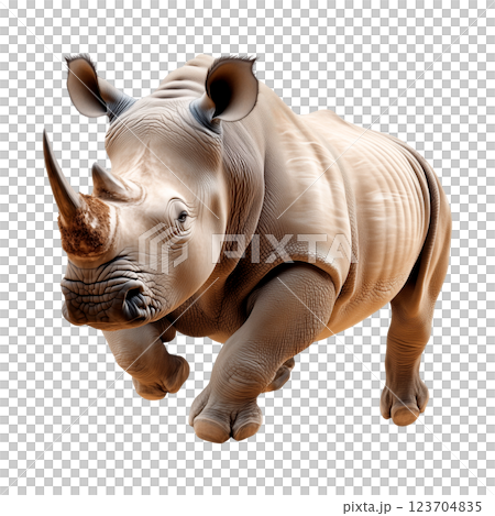 Realistic rhinoceros isolated on a transparent background. A powerful and muscular African rhino with thick wrinkled skin and large horn, standing in a side pose. 123704835