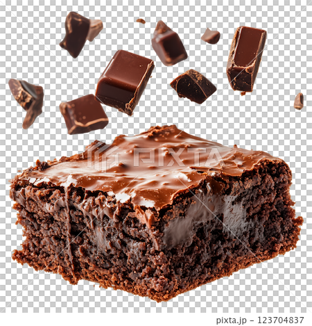 Decadent chocolate brownie with a glossy melted chocolate topping isolated on a transparent background. Rich, moist, and fudgy dessert with floating chocolate chunks 123704837