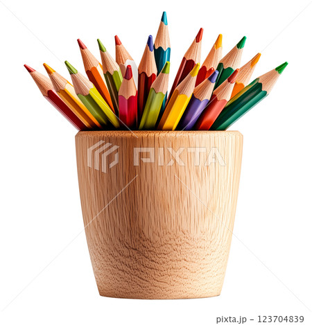Set of multicolored sharpened pencils in a wooden cup, isolated on a transparent background. A vibrant collection of artistic tools for drawing and sketching, ideal for creative work and education. 123704839