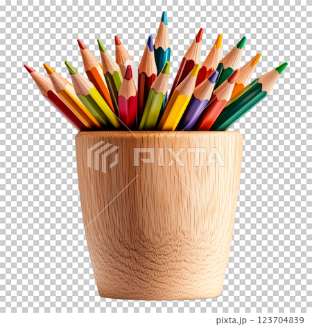 Set of multicolored sharpened pencils in a wooden cup, isolated on a transparent background. A vibrant collection of artistic tools for drawing and sketching, ideal for creative work and education. 123704839