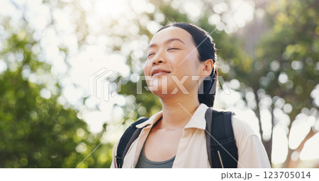 Thinking, hiking and Asian woman with nature, travel and contemplating with adventure. Japanese person, outdoor and calm hiker with hobby, breathing and carefree in forest, journey and mindfulness Thinking, hiking and Asian woman with nature, travel and contemplating with adventure. Japanese person, outdoor and calm hiker with hobby, breathing and carefree in forest, journey and mindfulness 123705014