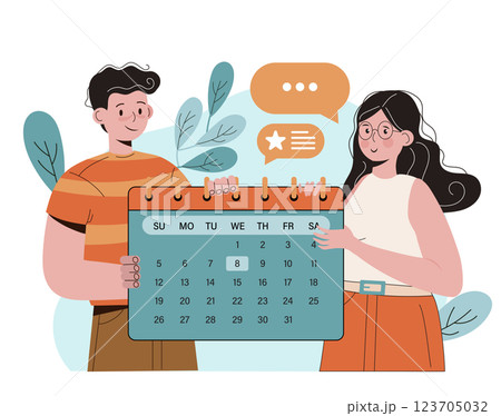 Business people using calendar planning day. Scheduling appointment in agenda. Meeting plan time management concept. Flat vector illustration 123705032