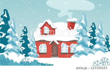 Winter in village holiday template. Winter landscape with cute house and trees, merry Christmas greeting card template. Vector illustration in flat style 123705033