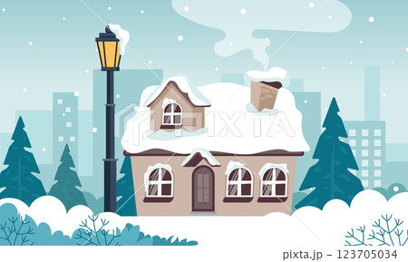 Winter in village holiday template. Winter landscape with cute house and trees, merry Christmas greeting card template. Vector illustration in flat style 123705034