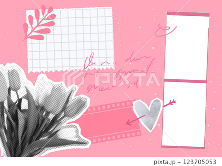 Spring scrapbook collage, halftone tulips sticker, pink paper background with film strip and heart doodle, cute girly design. Vector template of love story journal page 123705053