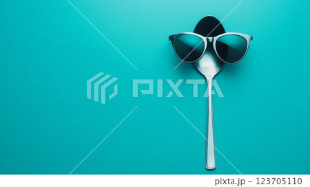 Sunglasses resting on spoon against turquoise background creating funny face 123705110