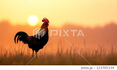 Rooster crowing at sunrise in a field Rooster crowing at sunrise in a field 123705139