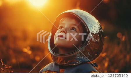 Little astronaut wearing helmet and looking up at sunset Little astronaut wearing helmet and looking up at sunset 123705140