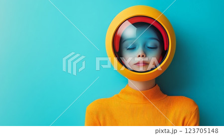 Young girl wearing astronaut helmet with eyes closed, dreaming of space travel on turquoise background 123705148