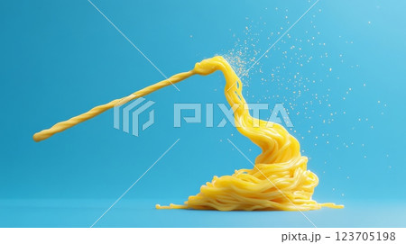Fork lifting spaghetti from pile with water droplets on blue background Fork lifting spaghetti from pile with water droplets on blue background 123705198