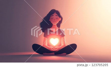 Young woman meditating with glowing heart symbolizing love and self-care 123705205