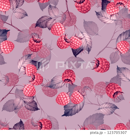Seamless pattern of raspberries with leaves. 123705307