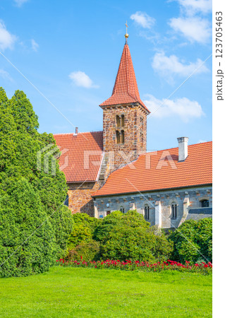 Experience the beauty of the Church of the Nativity of the Virgin Mary, nestled in Pruhonice Castle, Czechia, surrounded by lush gardens and historic architecture. 123705463