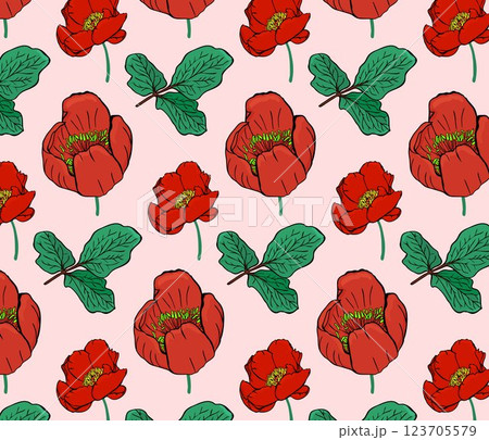 Red peony buds and green leaves, continuous pattern 123705579