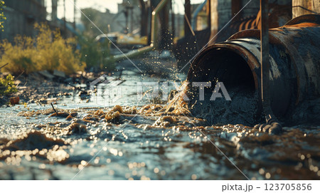 City pollution. Waste dirty sewage water flows from the pipe to the street. 123705856