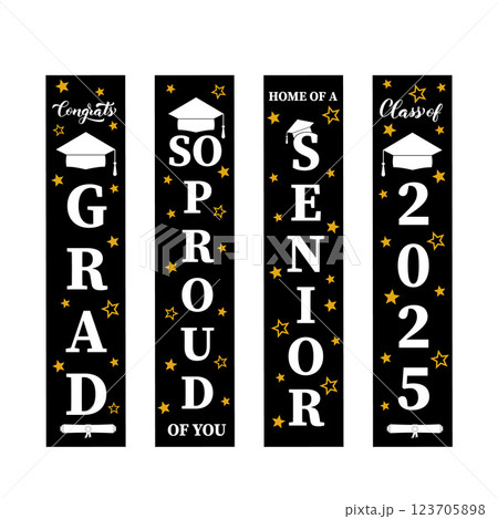Graduation vertical signs. Graduates class of 2025. Grad party decorations. Vector template. Graduation vertical signs. Graduates class of 2025. Grad party decorations. Vector template. 123705898