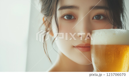 ビールを楽しむ陽気な若い女性 – リラックスした爽やかなひととき 123706070