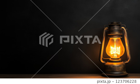 Vintage lantern with glowing bulb on dark background with empty space. Retro decor, guidance, adventure concepts 123706228