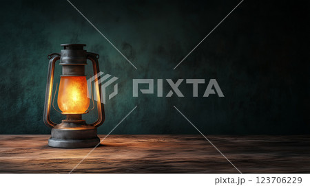 Cozy rustic lantern glow on wooden table against dark empty wall in dimly lit room 123706229