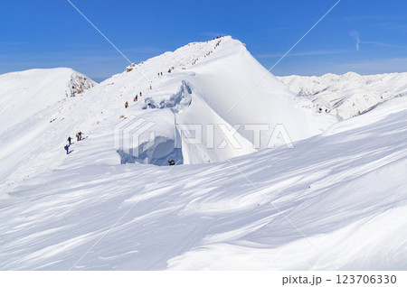 谷川岳山頂オキの耳と巨大な雪庇（雪山） 123706330
