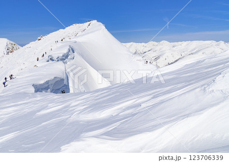 谷川岳山頂オキの耳と巨大な雪庇(雪山) 谷川岳山頂オキの耳と巨大な雪庇(雪山) 123706339