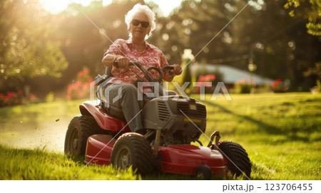 A close-up of a lawn mower in action, showcasing its efficiency in maintaining vibrant, lush lawns.Lawn care services. 123706455