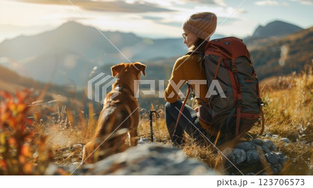 A woman and her dog stand atop the mountain trail, relishing the panoramic scenery and the quiet of nature. 123706573