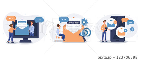 E-mail marketing and promotion illustration set. Characters sending advertising mails and promotional offers with sales and discounts. Ecommerce business concept. Vector illustration.	 123706598