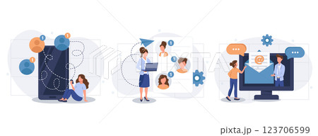 Email service concept set. Users correspond in chats, sending messages in apps. People isolated scenes in flat design. Vector illustration for blogging, website, mobile app, promotional materials Email service concept set. Users correspond in chats, sending messages in apps. People isolated scenes in flat design. Vector illustration for blogging, website, mobile app, promotional materials 123706599