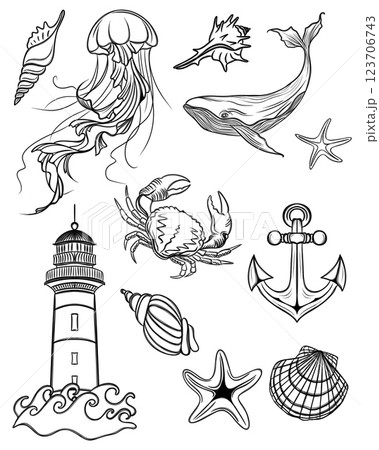 Large set of beautiful marine stickers - detailed Line Art design. templates for printing stickers and textiles Large set of beautiful marine stickers - detailed Line Art design. templates for printing stickers and textiles 123706743