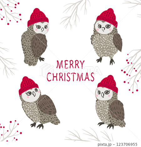 Set of cute cartoon owls in hats. Merry Christmas vector illustration 123706955