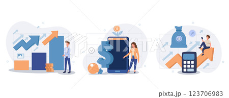 Finance growth illustration set. Characters analyzing investments, celebrating financial success and money growth. Money increasing concept. Vector illustration. Finance growth illustration set. Characters analyzing investments, celebrating financial success and money growth. Money increasing concept. Vector illustration. 123706983