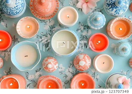 Flat lay of decorative ceramic candles in elegant blue and peach colors on a floral background 123707349