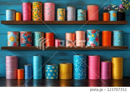 Shelves with colorful spools of thread wrapped in fabric, creating a vibrant sewing workspace Shelves with colorful spools of thread wrapped in fabric, creating a vibrant sewing workspace 123707352