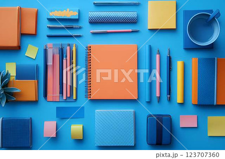 Organized desk layout with various office supplies in blue and orange tones, representing creativity and order 123707360