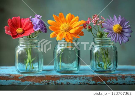 Three colorful flowers arranged in glass jars on a rustic blue wooden surface, creating a charming display 123707362