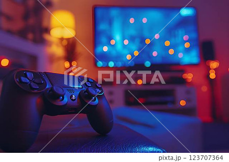 Gaming controller on a leather surface with blurred bokeh lights and a TV screen in the background 123707364