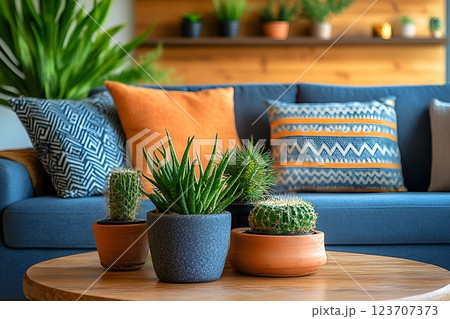 A stylish living room with blue and orange pillows, a wooden coffee table, and potted cacti adding a natural touch A stylish living room with blue and orange pillows, a wooden coffee table, and potted cacti adding a natural touch 123707373