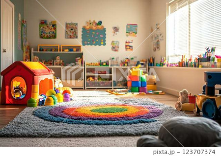 A bright and colorful kindergarten playroom with toys, books, and a rainbow rug creating a fun learning space A bright and colorful kindergarten playroom with toys, books, and a rainbow rug creating a fun learning space 123707374