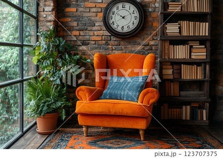 A cozy reading corner with an orange armchair, bookshelves, and a rustic brick wall for a warm and inviting space A cozy reading corner with an orange armchair, bookshelves, and a rustic brick wall for a warm and inviting space 123707375