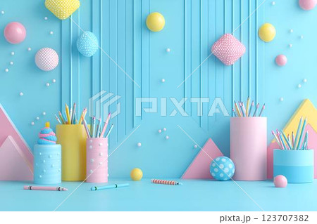 A pastel-themed workspace with colorful pencils and stationery in decorative holders, set against a geometric background 123707382