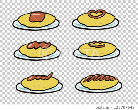 Hand-drawn illustration set of omurice with various ketchups 123707648
