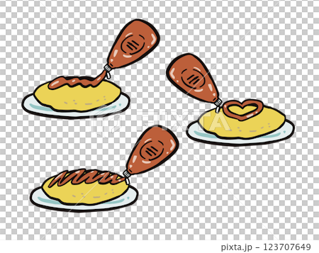 ケチャップとオムライスの手描き風イラストセット ケチャップとオムライスの手描き風イラストセット 123707649