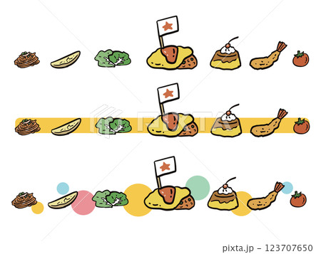 お子様ランチの具材のラインイラストセット	 123707650