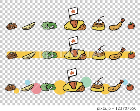 お子様ランチの具材のラインイラストセット	 123707650