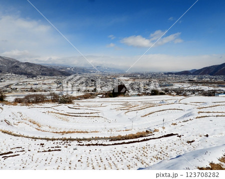 雪の姨捨棚田に稲の株で描かれ模様 123708282