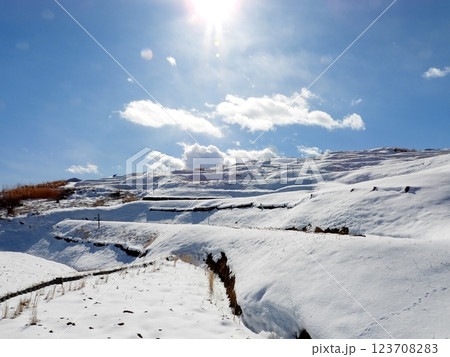 太陽輝く冬の晴れ間の姨捨棚田の冬景色 123708283